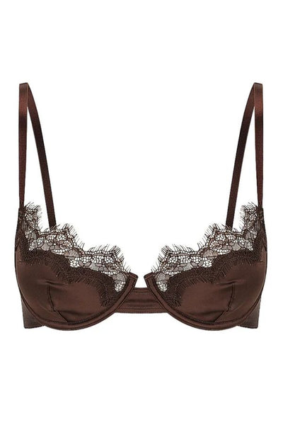 Sorrento Underwire in Espresso by Kat the Label, supportive satin underwire bra with eyelash lace detailing, perfect for offering comfort and timeless elegance.