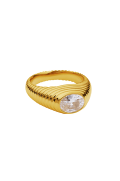 Birch Ring by Amber Sceats, 24K gold-plated with sparkling cubic zirconia, handcrafted in Italy for a classic, elegant look.