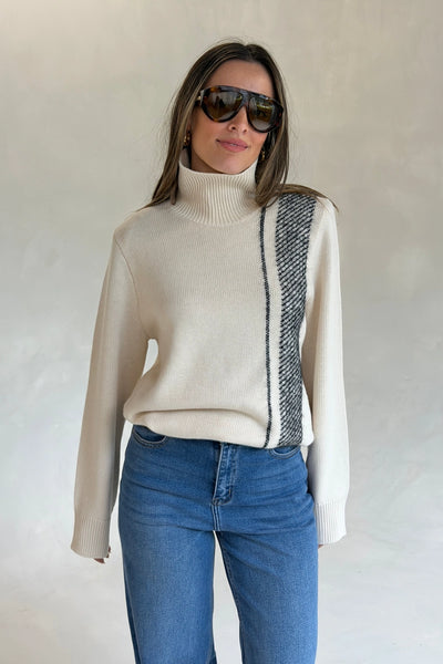 Tusk Stripe Detail Knit Turtleneck Cream Black by camilla and marc – merino wool turtleneck with contrast jacquard stripe graphic.