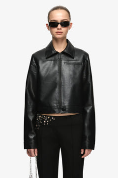 Saphira Cropped Jacket Black by Bec + Bridge – slim fit cropped faux leather jacket with matte black hardware.