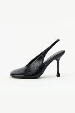 Claire Black Oily Crinkle Leather by Alias Mae, slingback leather heel with teardrop heel, perfect for work or evening styling