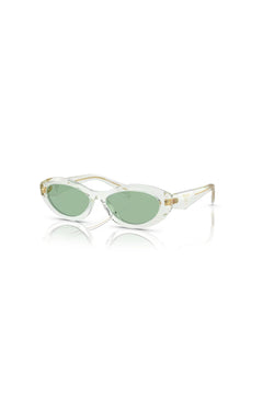 PR 26ZS Transparent Mint W/ Green by Prada, bold irregular acetate frames with green lenses and iconic logo, perfect for trendy, fashion-forward looks