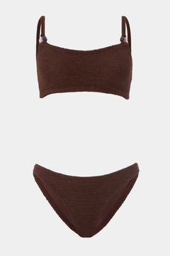 Cassie Beaded Bikini Metallic Chocolate by Hunza G, crinkle bikini with beaded straps, perfect for beach or pool styling