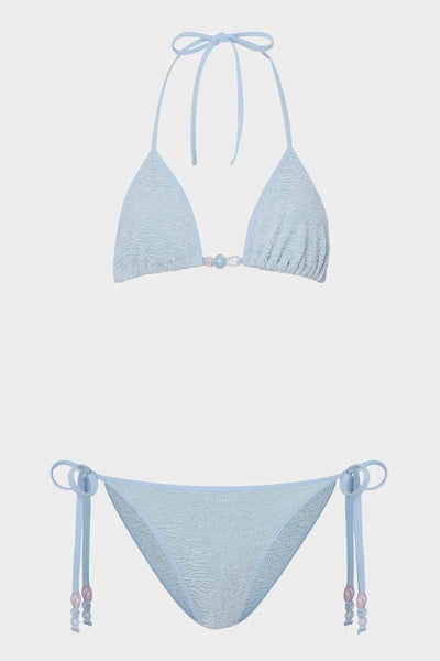 Gina Beaded Bikini Metallic Ice Blue by Hunza G, crinkle triangle bikini with beads, perfect for beach or pool styling