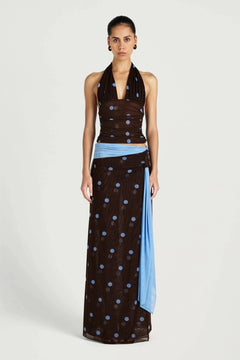 Tola Maxi Skirt Choc Blue Polka by Benni, sheer mesh maxi skirt, perfect for elevated evening or event styling