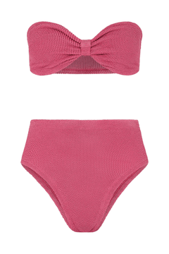 Ruby Bikini Candy Pink by Hunza G, crinkle bikini with bandeau top and high waist fit. Perfect for beach days or playful swim looks.