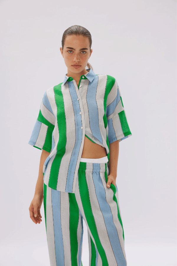 LMND | Marala Linen Pants Stripe Verde/Azure | Girls With Gems