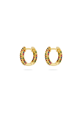 Artemis Rainbow Huggies Gold by Avant Studio – gold huggie earrings with rainbow crystals. Perfect for everyday styling.