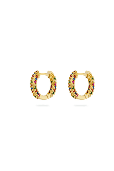 Artemis Rainbow Huggies Gold by Avant Studio – gold huggie earrings with rainbow crystals. Perfect for everyday styling.