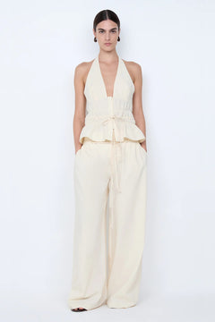 Astrid Wide Leg Pant by Bec + Bridge, a soft ecru tailored pant with faux drawstring detail and relaxed wide-leg fit for refined summer styling.