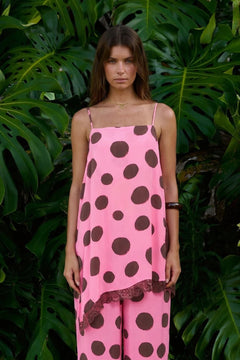 Asym Shift Top Big Dotty by Summi Summi – asymmetrical viscose top with bold dot print for elevated summer styling.