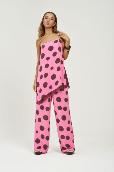 Asym Shift Top Big Dotty by Summi Summi – asymmetrical viscose top with bold dot print for elevated summer styling.