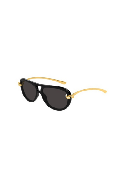 BV1418S Sunglasses by Bottega Veneta, vintage-inspired black aviator frames with knot detail and grey lenses. Perfect for timeless style.