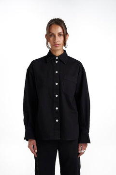Boss Shirt Black Denim by Summi Summi – a cotton denim shirt with flared cuffs and silver hardware. Perfect for everyday styling.
