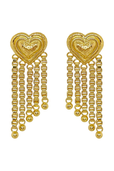 Carmen Earrings by Porter Jewellery — gold heart-drop earrings with chain fringe and a polished textured finish, perfect for bold feminine styling.