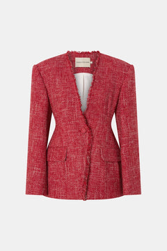 Carmine Fitted Collarless Blazer Red by CAMILLA AND MARC – fitted tweed blazer with frayed neckline and tailored silhouette.