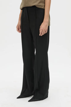 Cassie Slim Pant in Black by Camilla and Marc, a high-waisted slim tailored pant with pintuck detailing and refined wool blend finish.