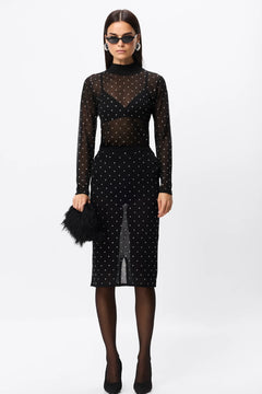 Celeste Knit Skirt Black Crystal by Mossman – semi sheer crystal embellished knit pencil skirt with removable slip.