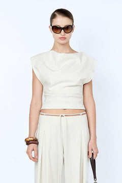 Devyn Cowl Top by Bec + Bridge — cream suiting top with boat neckline, fitted waist, and soft gathers for elevated styling.