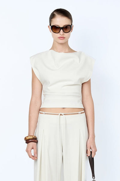 Devyn Cowl Top by Bec + Bridge — cream suiting top with boat neckline, fitted waist, and soft gathers for elevated styling.