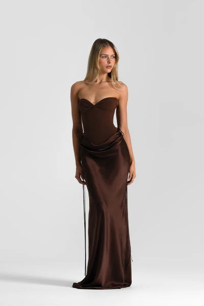 Evelyn Skirt in Espresso by Natalie Rolt, a full-length silk design with draped waist and tie accents. Perfect for occasion dressing.