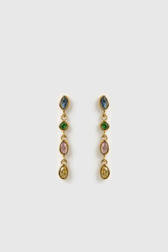 Isadora Earrings in Multi Blue by Arms of Eve, drop-style earrings with blue-toned zircon stones on polished gold for a luxurious pop of colour.