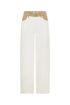 Jaz Hand Baggy Jean White/Beige by Sneaky Link, a crisp white denim jean with contrast beige waist and pocket detail. Perfect for off-duty styling.