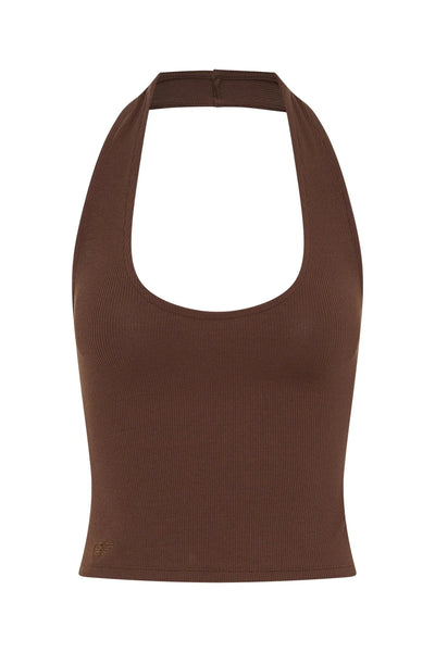 Jaz Hand Halter Tank Chocolate by Sneaky Link, a sculpted halter silhouette with stretch cotton fit. Perfect for everyday summer layering.