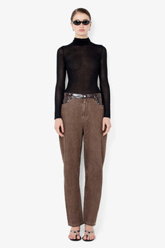 Kinley Contrast Jean Chocolate by Bec + Bridge – barrel leg denim jeans with faux leather contrast detailing.
