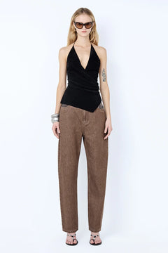 Kinley Contrast Jean in Chocolate by Benni, a mid-rise barrel-leg jean in dark denim with faux leather contrast waistband and pockets.