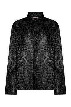 Glazed Lumière Sleeves Shirt Black by Oséree — A relaxed, metallic button-up shirt with a subtle shimmer. Perfect for day-to-night styling and layering.