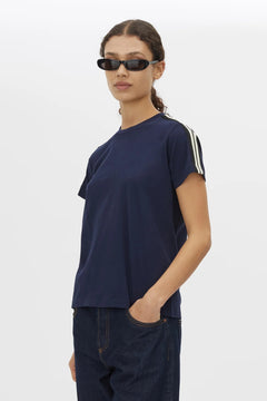 Locus Tee Midnight by Camilla and Marc – fitted navy cotton baby tee with contrast stripe tape and classic crew neckline.