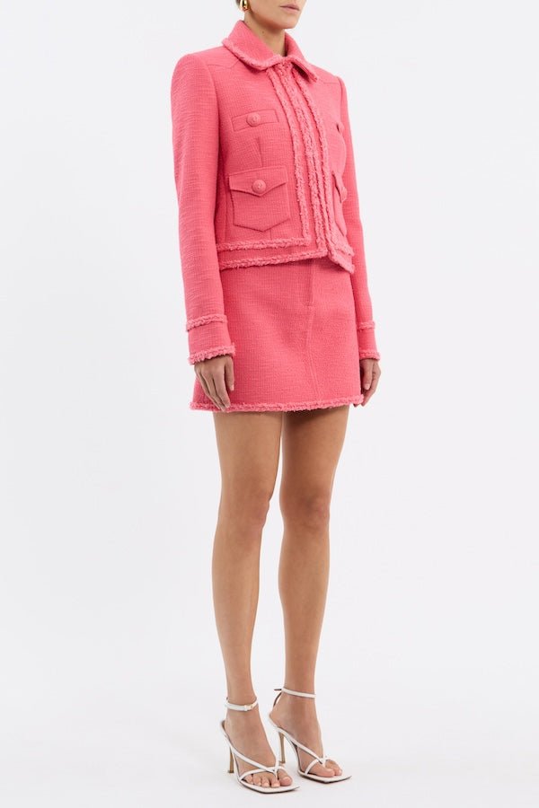 Montana Jacket Rose by Rebecca Vallance – Chic cropped boxy jacket in pink boucle with braided trims, shoulder pads, fitted sleeves, front pockets, and hook & eye closure.