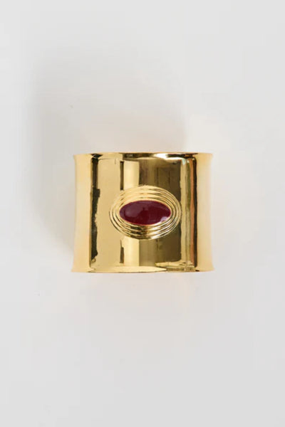 Matilde Cuff by Heaven Mayhem – a gold architectural cuff with deep burgundy enamel, perfect for bold refined styling.