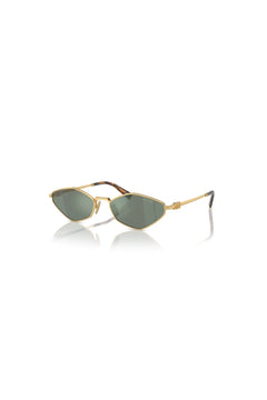 Miu Miu MU 56ZS Gold Green Mirror Silver – irregular narrow metal sunglasses with logo hinge and acetate temple tips.