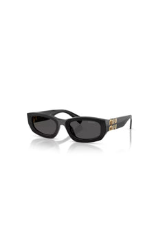 Miu Miu MU B04S Black Dark Grey – irregular acetate sunglasses with bold temples and vertical logo in Miu Miu’s signature playful style.