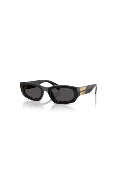 Miu Miu MU B04S Black Dark Grey – irregular acetate sunglasses with bold temples and vertical logo in Miu Miu’s signature playful style.