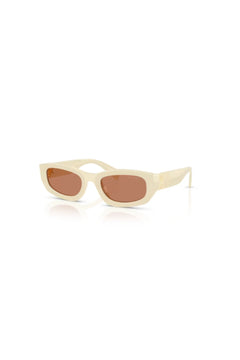 Miu Miu MU B04S Milk Brown – irregular acetate sunglasses with bold temples and vertical logo, blending playful charm and modern elegance.