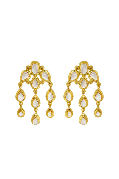 Mountain and Moon Rani Earrings in gold with chandelier silhouette, crystal quartz gemstones, and hammered polished finish.