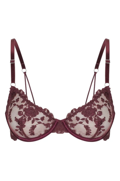Introducing the Kat the Label Nicolette Underwire Bra in Raisin, scalloped sheer tulle lace cups with underwire support, stretch mesh back, and double straps for comfort and elegance.