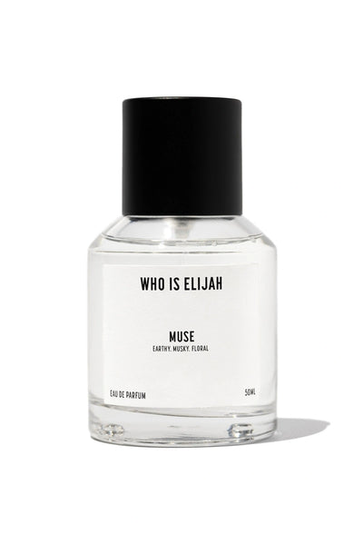 Muse 50ml by Who Is Elijah, a captivating unisex fragrance with tropical solar top notes, warm jasmine heart, and a musky, amberwood base.