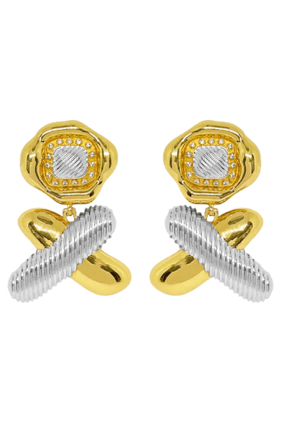 Quinn Earrings Mixed Metal by Mountain and Moon – gold and silver earrings with crystal detail. Perfect for statement styling.