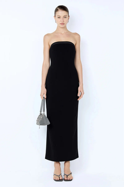 Romee Strapless Midi Dress by Bec + Bridge, a sculpted black silhouette with power-mesh detail. Perfect for formals or prom nights.