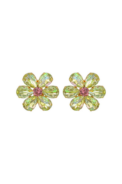 Roseanne Earrings by Mayol, gold-plated brass clip-ons adorned with Preciosa crystals. Handmade in Greece for timeless elegance.