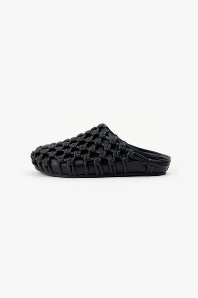 Shay in Black by Alias Mae, a woven leather rounded-toe mule in rich chocolate brown with slip-on silhouette.