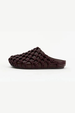 Shay in Choc by Alias Mae, a woven leather rounded-toe mule in rich chocolate brown with slip-on silhouette.