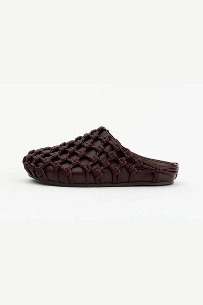 Shay in Choc by Alias Mae, a woven leather rounded-toe mule in rich chocolate brown with slip-on silhouette.