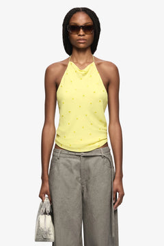 Solace Halter Top Citrus by Bec + Bridge, halter top with draped neckline and sheer finish. Perfect for summer outfits or elevated looks.