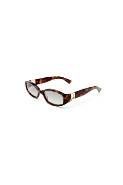 Lottie in Tortoise by Luv Lou, luxe rectangle sunglasses with sculpted angles, gold hardware, and charcoal gradient CR39 lenses.