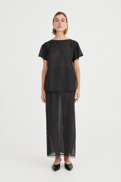 The Saasha Beaded Skirt Noir by Solaqua – sheer beaded maxi skirt with side split and fluid silhouette.